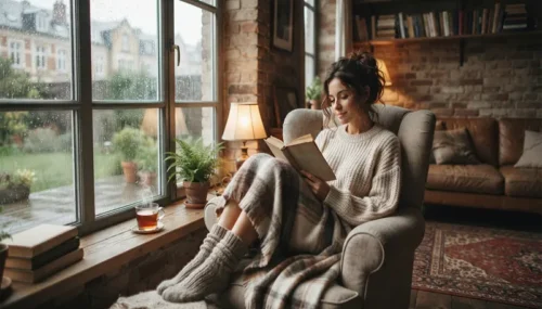 Cozy Rainy Day Aesthetic of a Woman Reading a Book by the Window