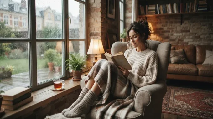 Cozy Rainy Day Aesthetic of a Woman Reading a Book by the Window
