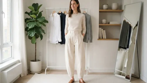 High-Waisted Cotton Barrel Leg Trousers for Capsule Wardrobes