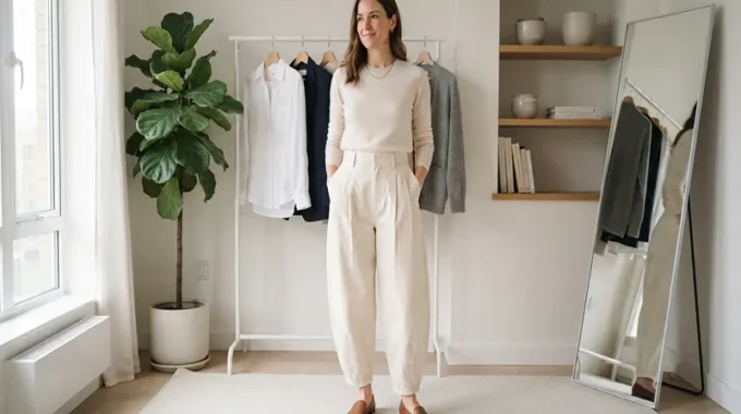 High-Waisted Cotton Barrel Leg Trousers for Capsule Wardrobes