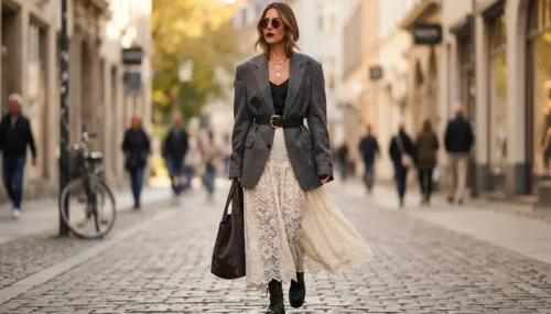 How to Style Fine Lace Maxi Skirts with Oversized Jackets