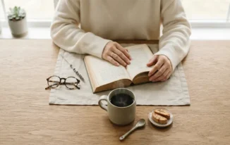 The Art of Stillness: Minimalist Flat Lay Photography of a Woman Reading with Coffee