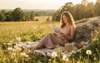 Woman Reading a Book Outside in a Sun-Dazed Meadow Lifestyle Portrait
