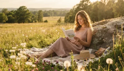 Woman Reading a Book Outside in a Sun-Dazed Meadow Lifestyle Portrait