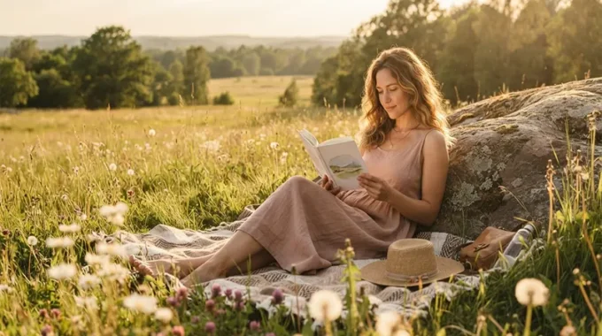 Woman Reading a Book Outside in a Sun-Dazed Meadow Lifestyle Portrait